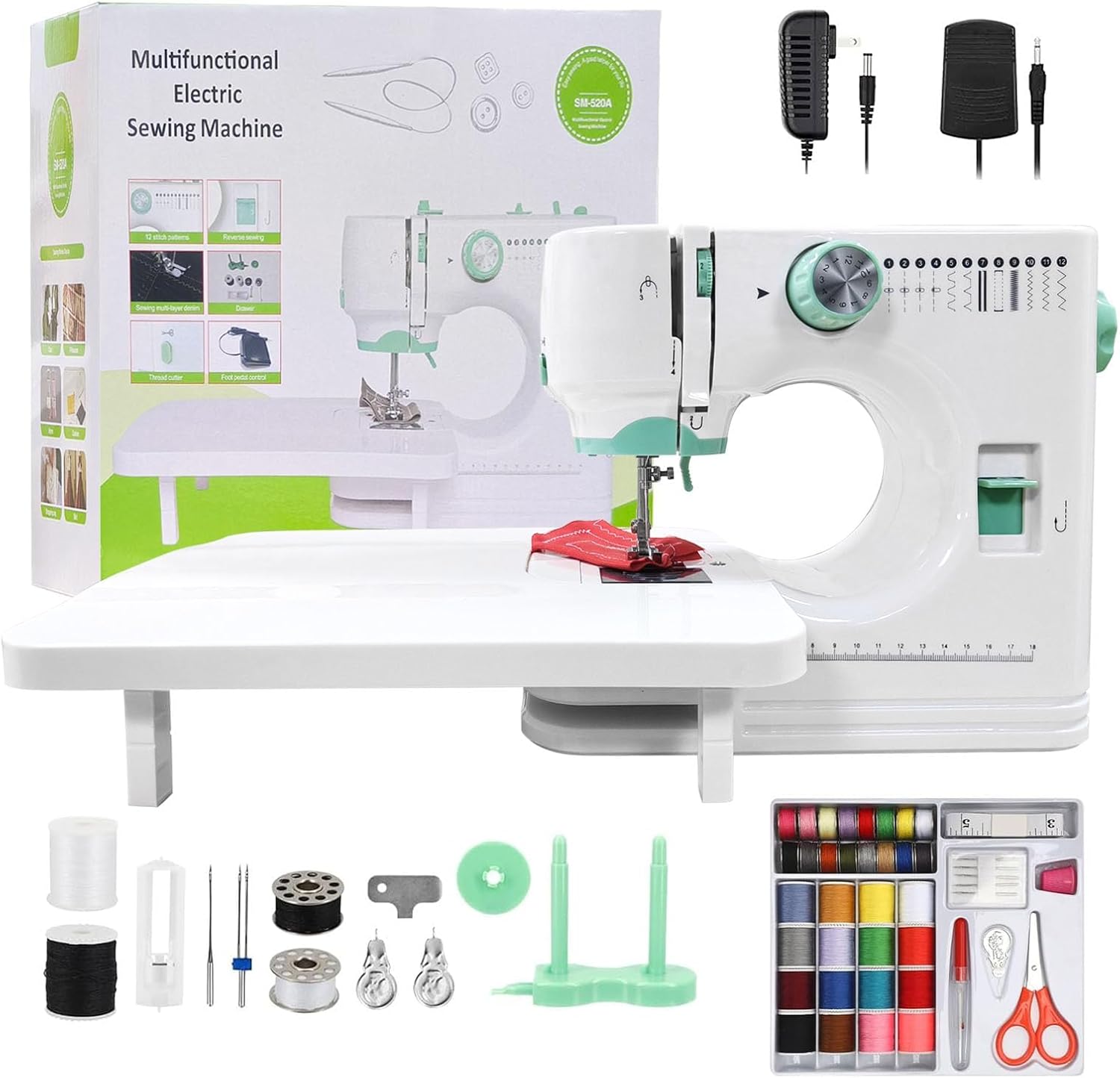 Multifunktionale elektrische Nähmaschine für Anfänger 12 Stichmuster Ein-Klick-Einfädelung Gleichstrombetrieb mit Verlängerungstisch und Zubehörset