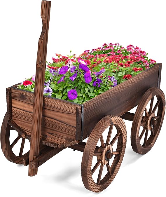DREAMADE Garden Wagon with Wheels, Rustic Wooden Flower Cart w/Ventilation & Rotating Handle, Wheelbarrow Planter Flower Bed Decorations for Balcony, Patio, Garden, Outdoor Greenery