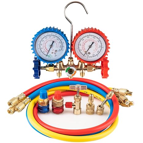 3 Way AC Manifold Gauge Set for Automotive & HVAC Systems, Compatible with R134A R410A R22 R404A, Refrigerant AC Gauge Set with 3FT Hoses and Can Tap
