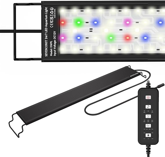 24/7 Mode LED Aquarium Light for 118-144cm Plant & Fish Tank, IP68 Full Spectrum Light, Sunrise-Daylight-Moonlight, White Red Green Blue Pink LEDs with Extendable Brackets for Freshwater [Energy Class E]