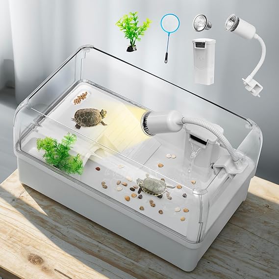 AZV Turtle Tank Starter Habitat Kit,Complete Aquatic Terrarium Enclosure | With Filter,Basking Platform with Hideout,Multi-Function Area,Drainage,Plants and Lamps,Perfect for Red Eared Slider Aquarium
