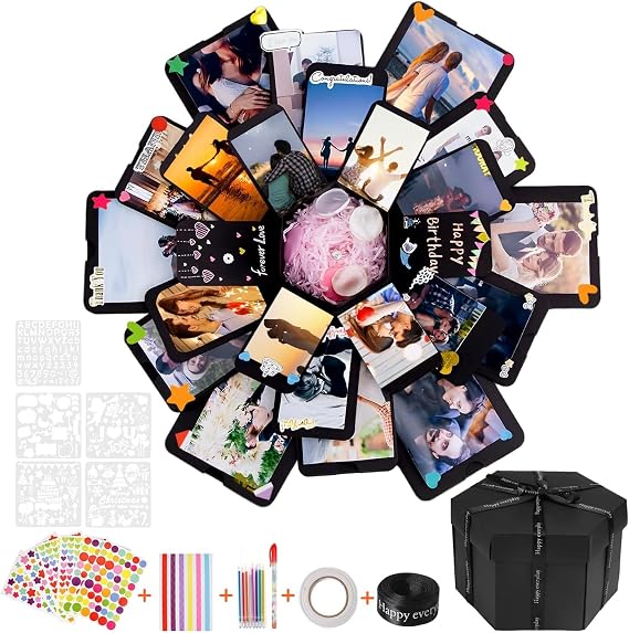 Surprise DIY Explosion Gift Box, Explosion Box with 6 Faces | Black Explosion Box Photo Album, Creative Pop up Gift Box for Handmade DIY Photo Album Scrapbook, Birthday, Valentine's Day