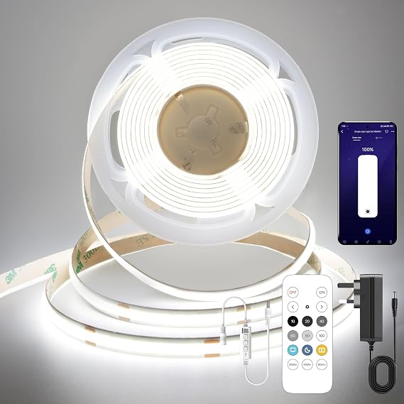 COB LED Strip 5M,Dimmable Dotless LED Strip Lights with Smart App and Remote,24V Cool White 6000K with Power Supply,8mm Wide,CRI>90 LED Lights for Indoor Room,Kitchen,cabinets,Mirrors [Energy Class D]