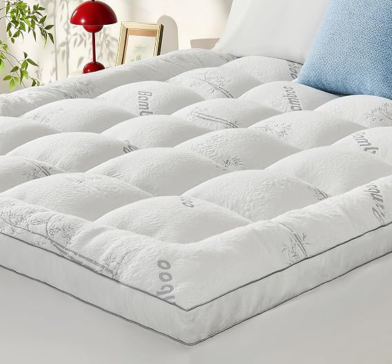Memory Foam Mattress Topper Queen, Bamboo Viscose | Thick Pillow Top Mattress Pad for Back Pain. Ultra Soft & Cooling for Hot Sleepers, 6-18'' Deep Pocket, White