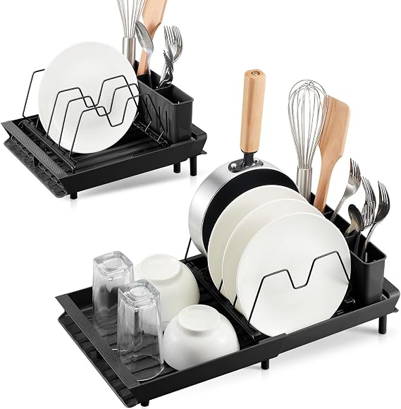 Small Expandable Dish Drying Rack, Adjustable Dish Drainer for Kitchen Counter or in Sink, Stainless Steel Drying Dish Rack, Compact Dish Rack with 3 Slots Utensil Holder(Black)