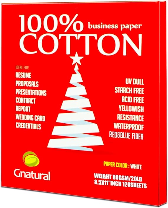 20lb/80GSM 100% Cotton Paper, A4 Size 210 x 297mm with Red & Blue Fiber, Waterproof for Inkjet and Laser Printing - 120 Sheets Starch Free