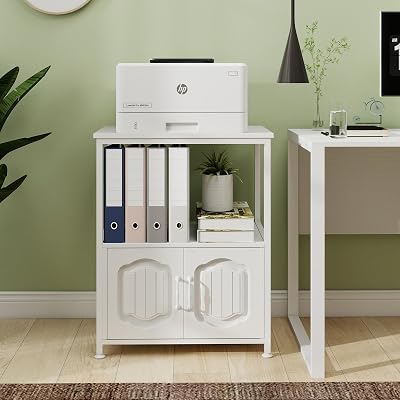Natwind 3 Tier Printer Stand with File Cabinet, Vertical Filling Cabinet with Open Shelves, Decorative Wood Printer Shelf with Storage for Home Office, White