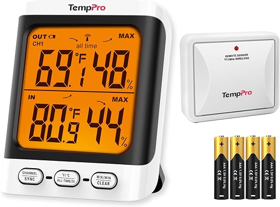TempPro Indoor Outdoor Thermometer Wireless, 500 ft Outside Thermometer with Cold-Resistant Sensor, Outdoor Thermometer Waterproof for Patio with 3.3" LCD Backlit Display (Previously ThermoPro)