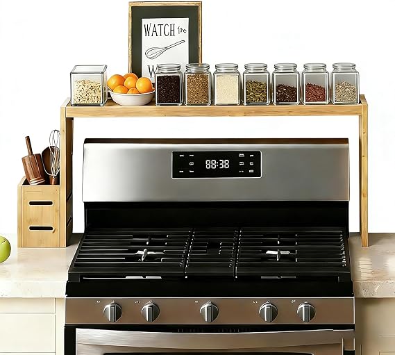 Over The Stove Shelf Wooden,Bamboo Spice Rack for Above the Kitchen Hob, 31.5-inch Spice Storage Rack, Height-Adjustable, 50-pound Weight Capacity, Easy to Assemble(Wood colour)
