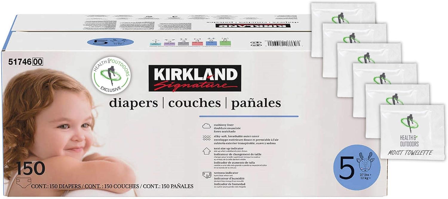 Kirkland Signature Diapers Size 5 27 lbs  150 Count W Exclusive Health and Outdoors Wipes