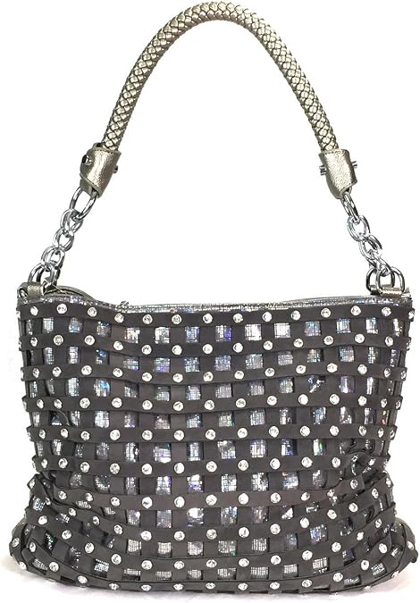 Sparkle Rhinestone Suede Hobo Handbag Pewter