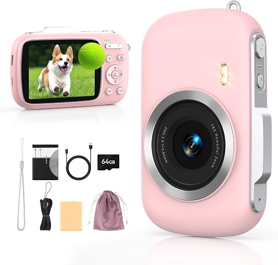 Digital Camera 4K 64MP - Vlogging Camera for Kids & Beginners | 18X Zoom Point and Shoot Camera Anti Shake, Compact with Flash, Gift for Boys Girls(Pink)