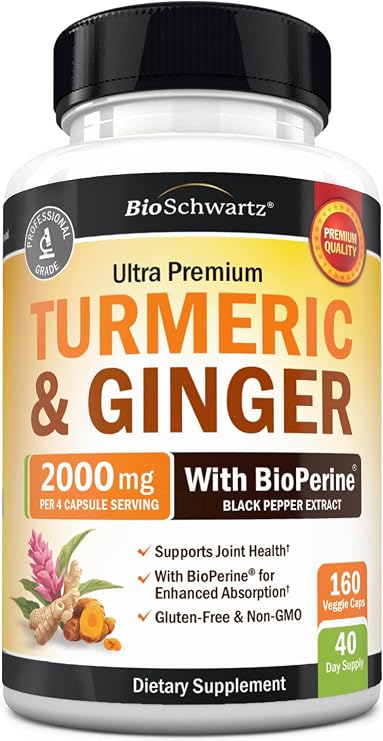 Turmeric and Ginger Supplement with BioPerine, 160 Capsules | Turmeric Curcumin with Organic Ginger & Black Pepper for Enhanced Absorption, Digestion Knee & Joint Support - Vegan, Non-GMO