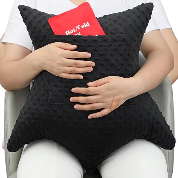 Star Shape Hysterectomy Recovery Pillowy for Hysterectomy Recovery Must Haves with 2 Pockets Products Gifts Tummy Tuck Abdominal Surgery Cushion, Minky Dot Black