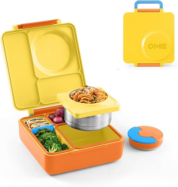 OmieBox Bento Box for Kids - Insulated Bento Lunch Box with Leak Proof Vacuum Insulated Food Jar - 3 Compartments, Two Temperature Zones Sunshine