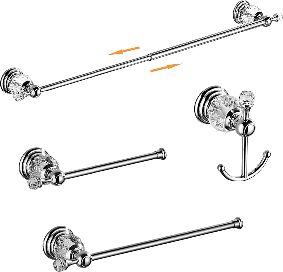 Crystal Bathroom Hardware Set,Adjustable Towel Rack, Toilet Roll Paper Holder,Hand Towel Holder,Hook,Gold Bathroom Accessories Set Wall Mounted (Bright Chrome)