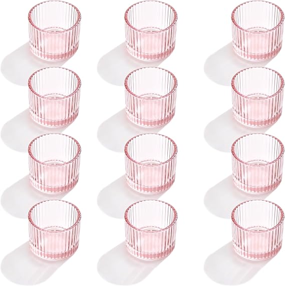 Tealight Candle Holder 12Pcs Small Glass Tea Light Holders Votive Candle Holders for Table Centerpiece Home Decor, Wedding, Birthday Party,Valentine's Day, Dining Rooms, Living Room (Pink)