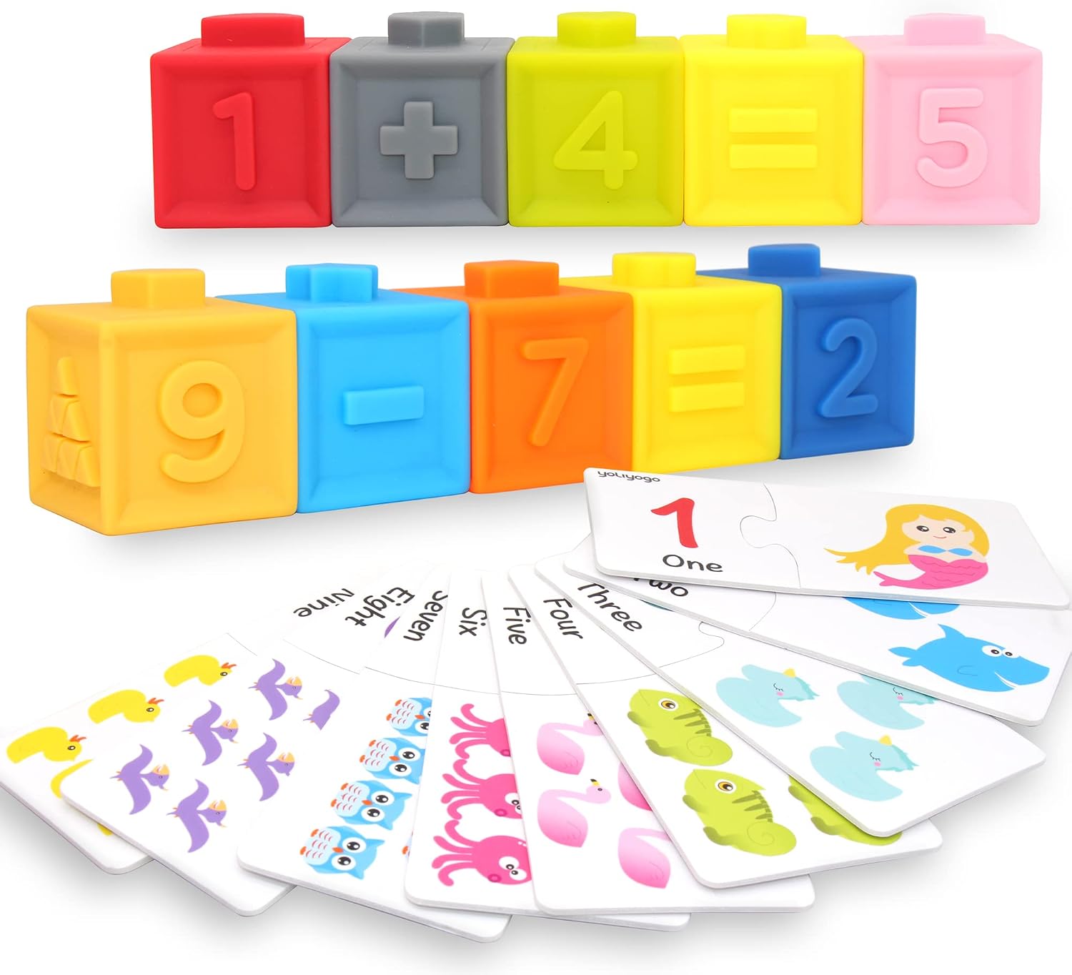 Stacking Blocks Toy Kids Building Block Plus Matching Puzzle Card Squeeze Block Toy 12pcs with 18pcs Animal Matching Puzzle Card Ideal Early Learning Set Educational Toy Gift for Kids
