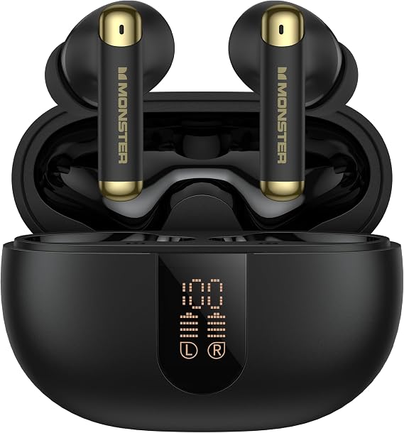 Monster Wireless Earbuds, Bluetooth 6.0 in-Ear Headphones with Charging Case, Stereo Earphones Deep Bass Sound, Built-in Mic, Clear Call, Water Resistant Design for Sports Black