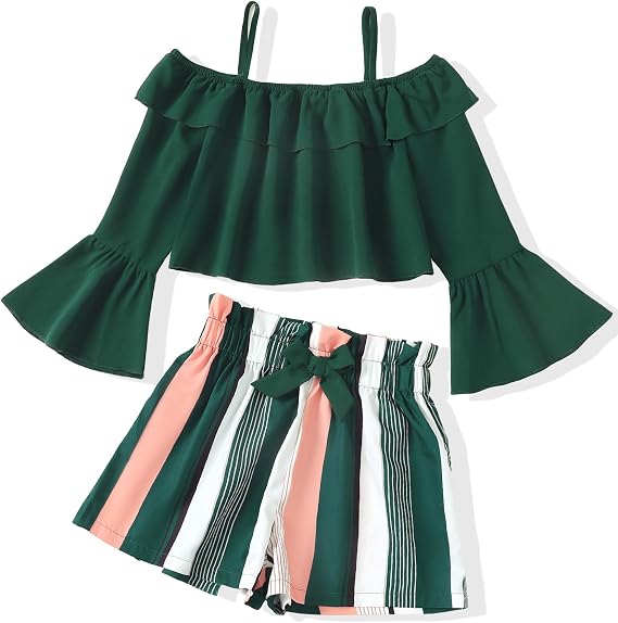 YOURUIKEY Girls Summer Clothes 2 Piece Cute Outfits Kids Boho Floral Print Long Sleeve Crop Top Shorts Clothing Set