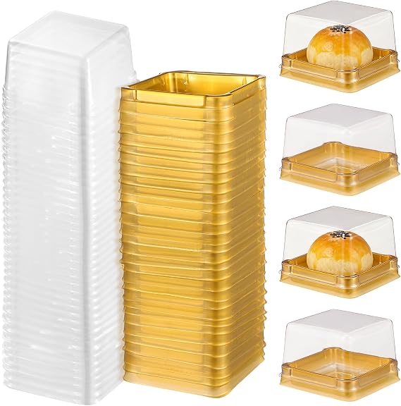 VALICLUD Moon Cake Boxes 50 Pack Square Mini Cake Box with Lid Clear Plastic Food Storage Containers for Small Mooncakes Egg Yolk Cupcakes Pastries Gift Packaging 2.16 X 2.16 X 1.57 in
