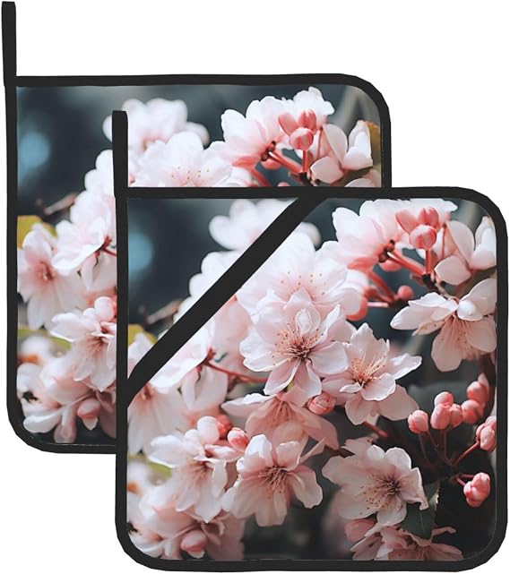 2Pcs Pot Holders with Pocket, Heat Resistant Hot Pad for Countertops, Oven Mitts Coaster Pink White Flowers Potholders for Kitchen Cooking Baking Trivet 8 inch Oven Potholder Pad