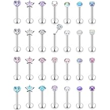 Vsnnsns 16G 18G 20G Threadless Push in Lip Rings Stainless Steel Flat Back Nose Rings Studs Tragus Helix Conch Cartilage Lobe Earrings Stud Piercing Jewelry for Women Men Diamond CZ Opal Silver 28PCS