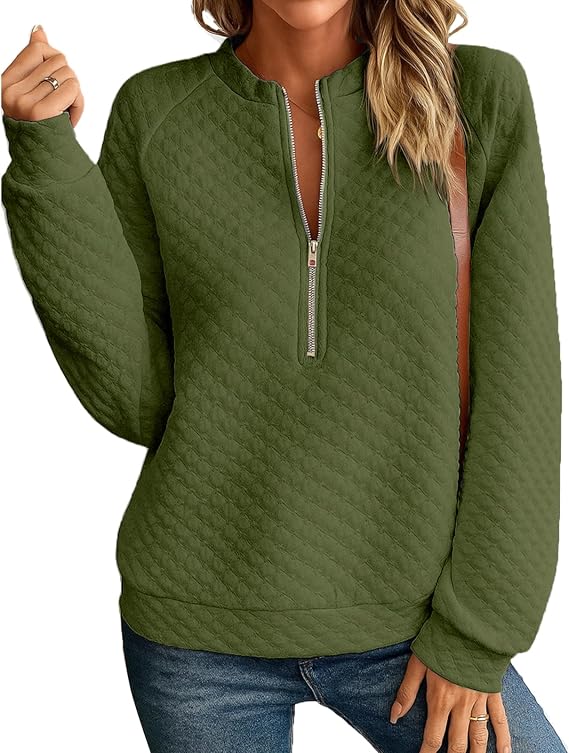 Womens Half Zip Up Quilted Sweatshirt Lightweight Stand Collar Long Sleeve Shirt Top Loose Trendy Textured Pullover Tops