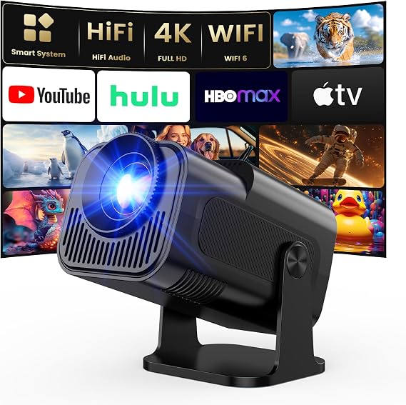 4K Projector with Wifi and Bluetooth, 1080P Native Mini Projector Portable, Auto Focus & Keystone Compatibile with TV Stick/Memory Stick/Laptop, Smart Home Outdoor Projector, Black