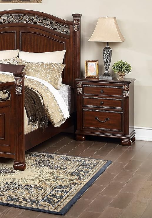 Traditional Wooden Nightstand with Drawers Cherry Finish Bedside Table for Bedroom Furniture Storage and Organization