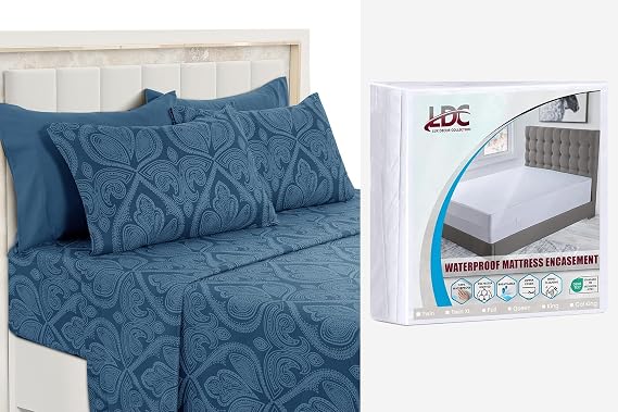 LDC 6 Piece King Navy Paisley Bedsheet Set + Waterproof King Mattress Encasement
