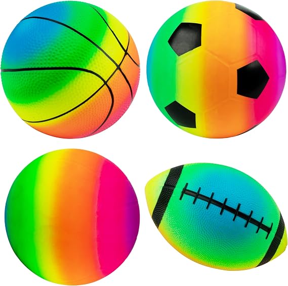 Homotte 4 Pack Rainbow Sports Balls, 8.5" Inflatable Multi-Sports Ball Set | Rainbow Football, Basketball, Soccer, Volleyball for Kids, Outdoor Playground Toy Balls Set w/Pump, Bulk Available