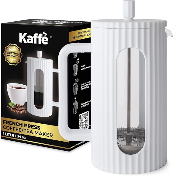 Kaffe French Press Coffee Maker (34oz / 1L) - Borosilicate Glass and BPA-Free Plastic Coffee Press - White - Lightweight Travel & Camping Coffee Maker