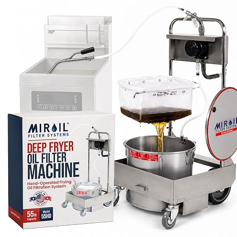MirOil 55HD 50 lb. Fryer Oil Hand Operated Filter Machine and Discard Trolley, Made in USA