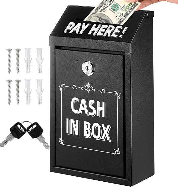 Donation Box with Lock,Safe Metal Money Drop Box with Lock and Slot,Black Key Drop Box for Outside,Self Serve Stand,Collection Box,Wall Mounted,Steel Cash Drop Box for Business Home Office Outdoor