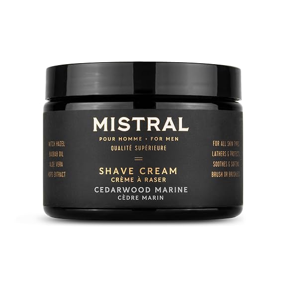 Mistral Cedarwood Marine Shaving Cream for Men | Smooth Triple Layered Foam | Mens Shave Cream with Organic Plant Extracts | pH-balanced, Phthalates & Paraben-Free | Made in USA. 9oz Tub