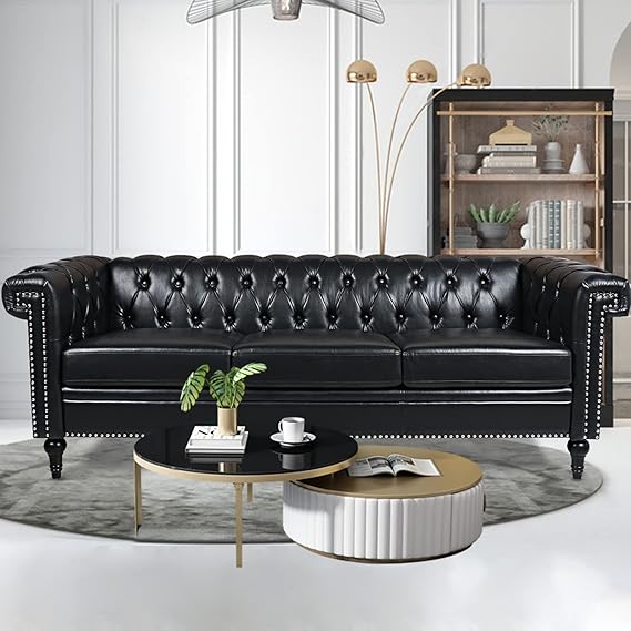 Chesterfield Sofa - 3-Seater Black Sofa for Living Room, Button-Tufted Faux Leather Couch Also for Bedroom, Office