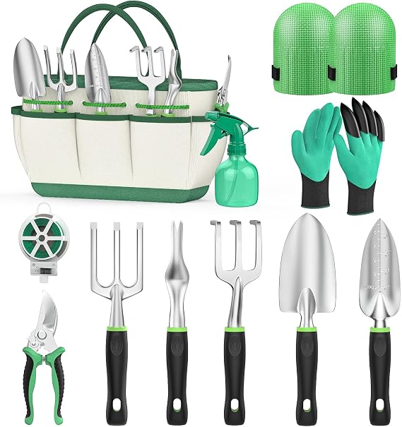 Fixmend Garden Tools, 11 Pieces Gardening Tools, Aluminum Alloy Garden Tools Set Gift Kit with Heavy Duty Tool Bag, Gardening Gifts for Women & Men