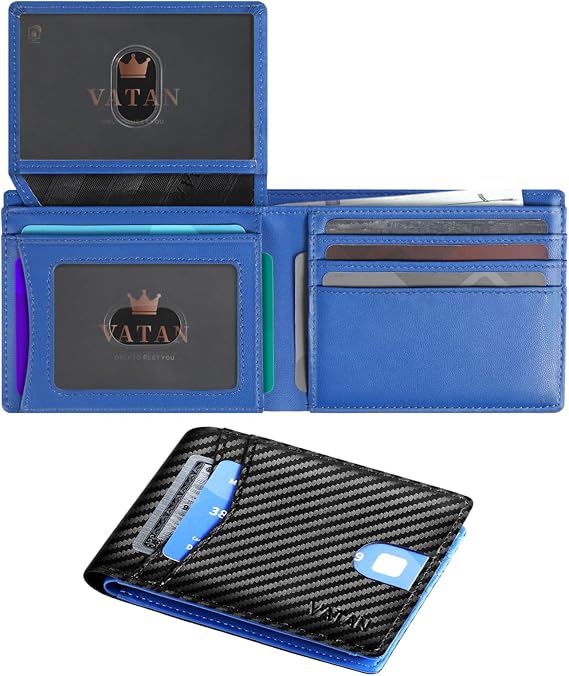 VATAN Wallet for Men Slim RFID Blocking Leather Credit Card Holder Wallet for 15 Cards, Bifold Minimalist Thin Wallet with 2 ID Windows & Cash Slot, With Gift Box (Carbon Black and Blue)