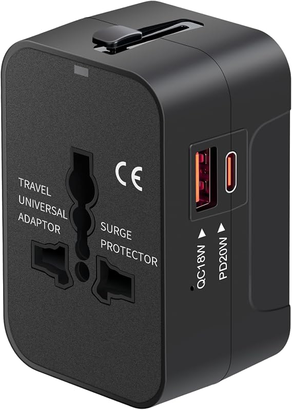 Universal Travel Adapter USB C, All in One Worldwide Plug Adapter, Black