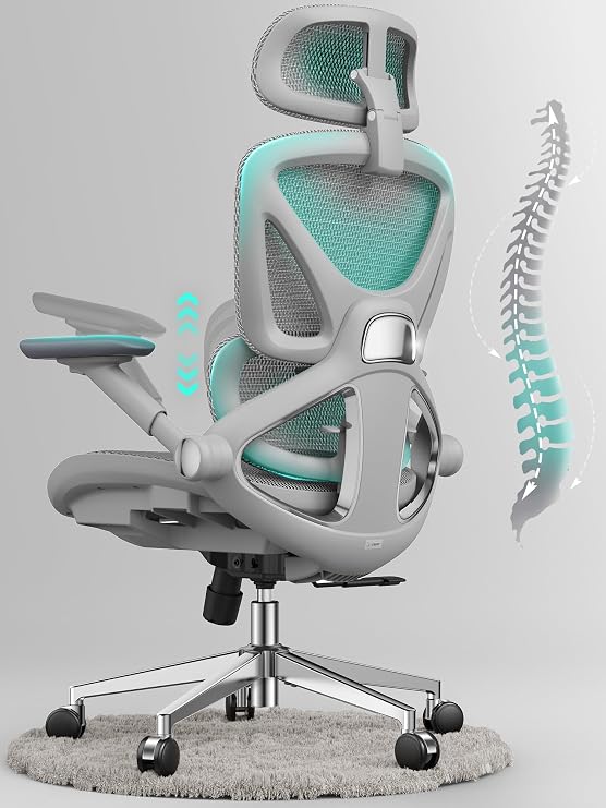 CAPOT Ergonomic Mesh Office Chair, Adjustable Lumbar High Back Desk Chair 400lbs, 4D Flip-up Arms, 3 Tilt Backrest, 3D Headrest, PU Wheels, Swivel Rolling Computer Seating for Long Desk Work - Grey