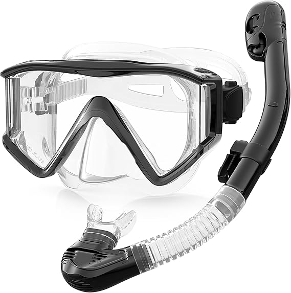 Snorkel Set Adults, 3 Window Panoramic View Snorkel Mask Anti-Fog, Leak-Proof Scuba Diving Mask with Mesh Bag, Dry Top Mask and Snorkel Set for Adult and Teen