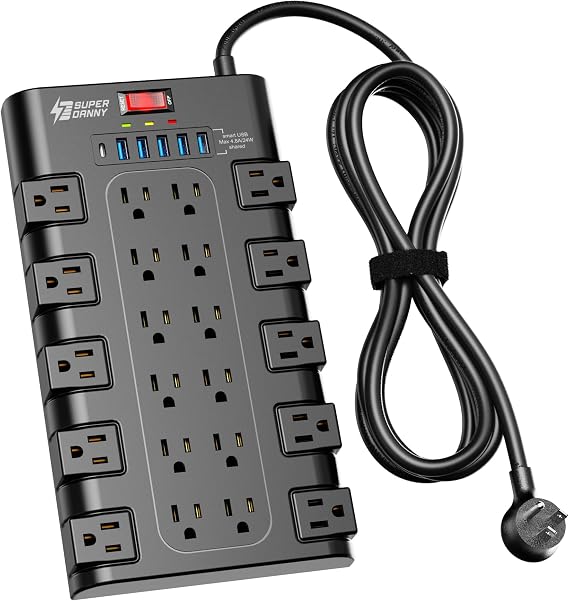 SUPERDANNY Power Strip Surge Protector, 22 AC 6 USB, 2100J, 6.5Ft,1875W/15A | 5A1C, Heavy Duty Extension Cord with Multiple Outlets, Flat Plug Outlet Extender for Home, Office, Dorm, Gaming Room, Black