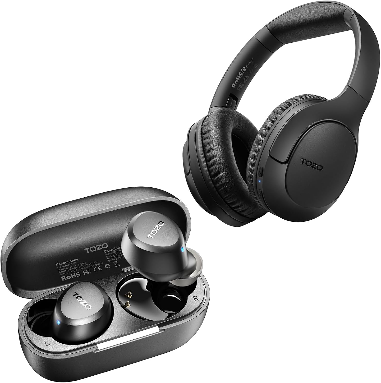 TOZO HA1 Bluetooth 5.4 Over Ear Headphones,70H Playtime with MicA1 Wireless Earbuds Bluetooth 5.3 Light Weight in Ear IPX5 Waterproof Headphones 2 Mic for AI Calls
