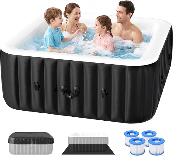 Blow Up Inflatable Hot Tub, 4-6 Person Large Square Portable Hot Tub, Leak-Proof PVC Outdoor Spa with 130 Air Jets, Heater Pump and Insulated Cover, 73 X 73X 25