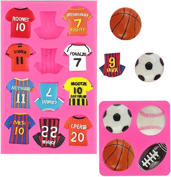 2 Set Football Theme Silicone Mold Balls Shirts Fondant Gum Paste Molds Chocolate Candy Molds for Cake Decorating Sugar Crafts Polymer Clay