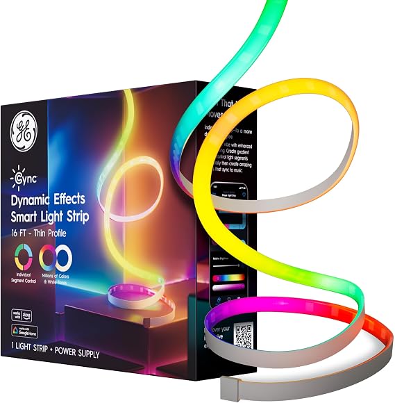 GE Cync Dynamic Effects Smart LED Light Strip with Music Sync, Color Changing WiFi Lights, Indoor Light Strip, Compatible with Alexa and Google Home, 16ft and Power Supply