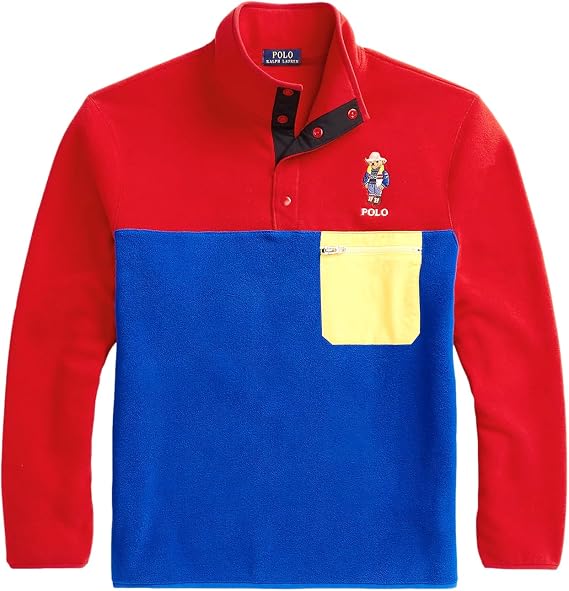 POLO RALPH LAUREN Men's Fleece Pullover Jacket Sweater Snap Closure (US, Alpha, Large, Regular, Regular, Polo Bear)