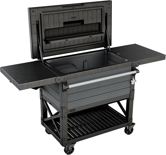 Keter 89.8 Qt Portable Outdoor Patio Cooling Chest, Graphite | Cooler Chest Beverage Party Bar Cart Table with Swivel Wheels, Shelves, and Bottle Opener