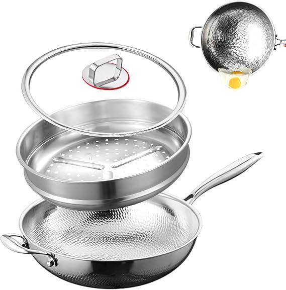Titanium Hammered Wok, 2026 Upgrade Double-side Hammered Frying Pans Nonstick, Non-Stick Wok,Durable Scratch-Resistant Non Stick Titanium Pans for Cooking,With steamer,14IN